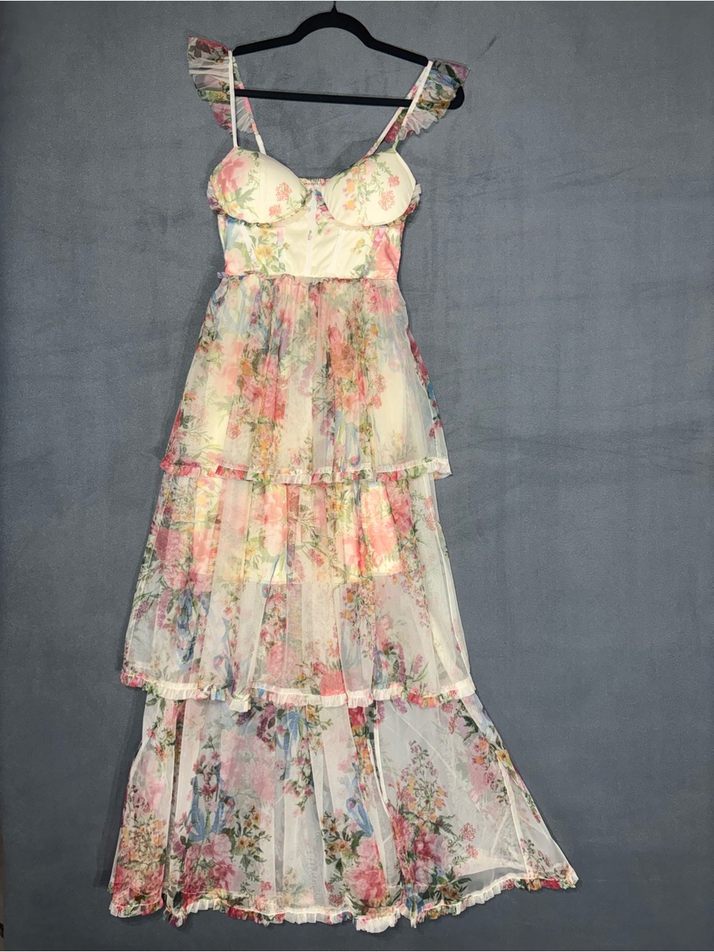 Vici Floral Ruffled Tiered Maxi Dress in Pastel Pink, Cream and Green
